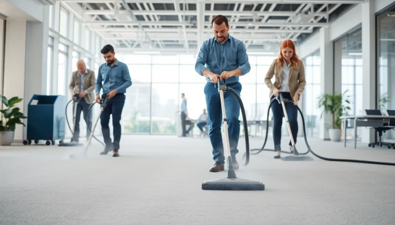 Efficient commercial carpet cleaning process demonstrated by professionals in a bright office environment.