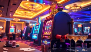 Experience the thrill of slot deposit pulsa while playing vibrant slot machines in a luxurious casino.