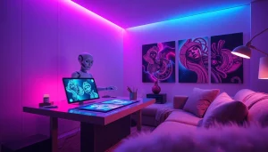 Engaging scene of NSFW AI character in a futuristic room, showcasing advanced digital interactions.