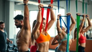 Engaged athletes using pull-up assist bands in a bright gym setting, showcasing dynamic exercise.
