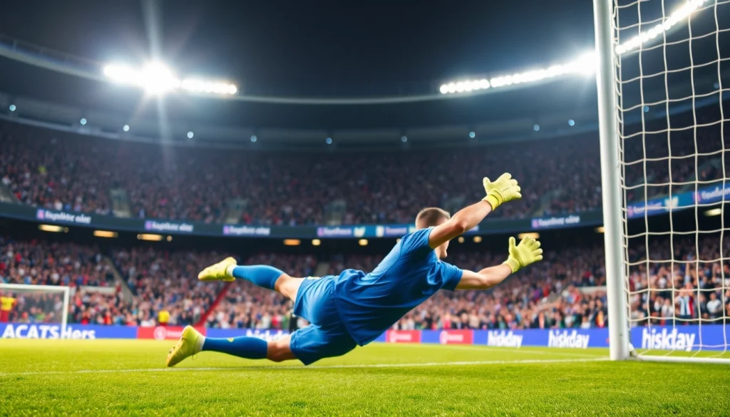 Capture the excitement of thscore highlights with a goalkeeper diving to save a goal in a vibrant soccer match.
