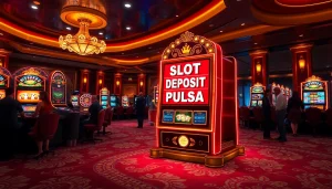 Menang besar di mesin slot deposit pulsa dalam suasana kasino mewah dengan warna-warna cerah.
