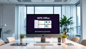 专业工作区，WPS Office 软件在一台时尚电脑上运行。