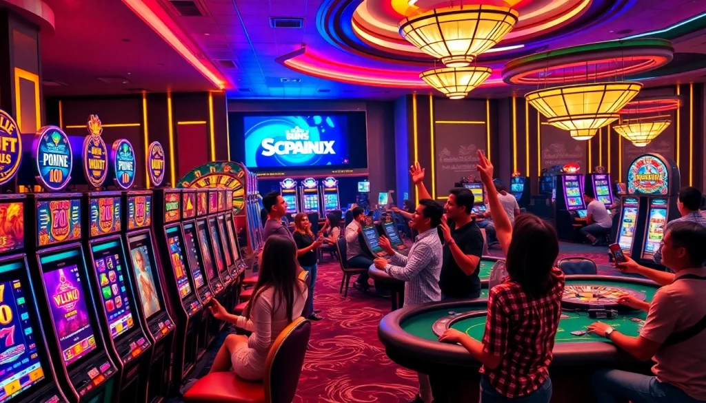 Gamblers enjoying diverse slot machines in a high-energy casino, emphasizing situs deposit 5k for exciting gameplay.