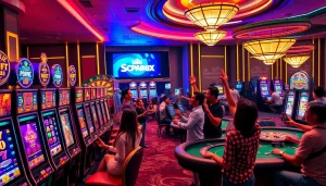 Gamblers enjoying diverse slot machines in a high-energy casino, emphasizing situs deposit 5k for exciting gameplay.