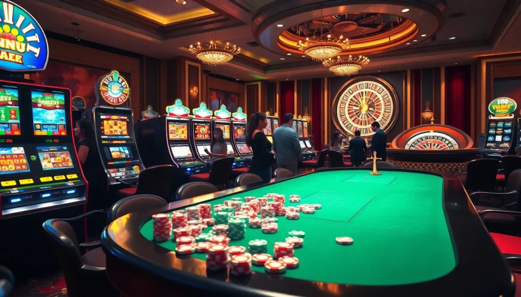 Adegan menarik dari para pemain yang menang pada mesin slot deposit pulsa di sebuah kasino yang penuh warna.