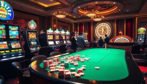 Adegan menarik dari para pemain yang menang pada mesin slot deposit pulsa di sebuah kasino yang penuh warna.