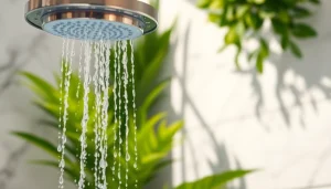 Enjoying a rejuvenating sunny shower with cascading water droplets in a bright bathroom.
