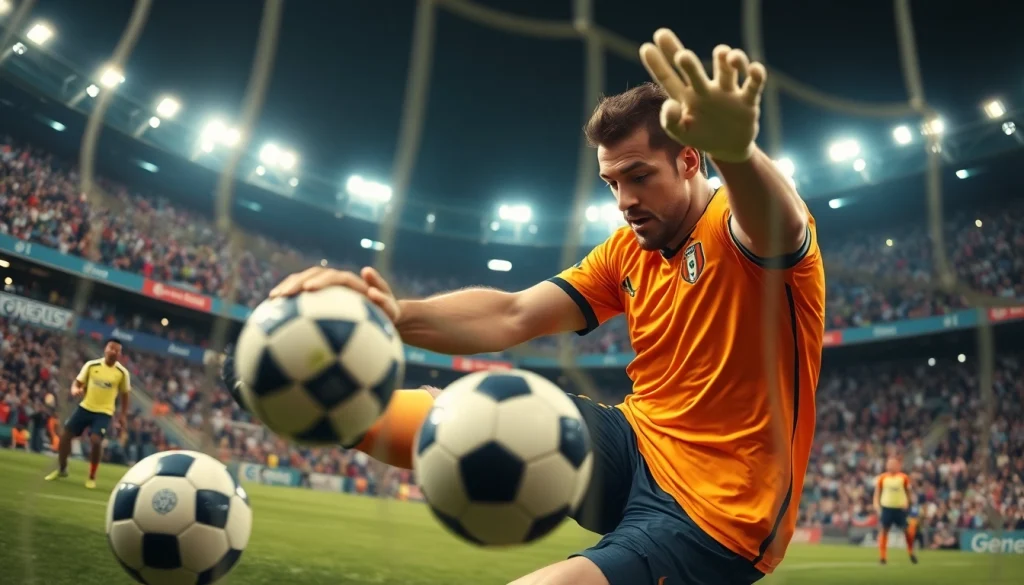 thscore นักฟุตบอลมืออาชีพทำการเซฟลูกยิงในสนามฟุตบอล