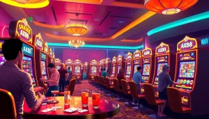 Thu hút người chơi tại các máy AX88 Slot đầy sống động trong cảnh casino nhộn nhịp.