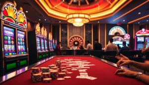Action-packed gaming scene showcasing idn slot excitement with machines and poker chips.