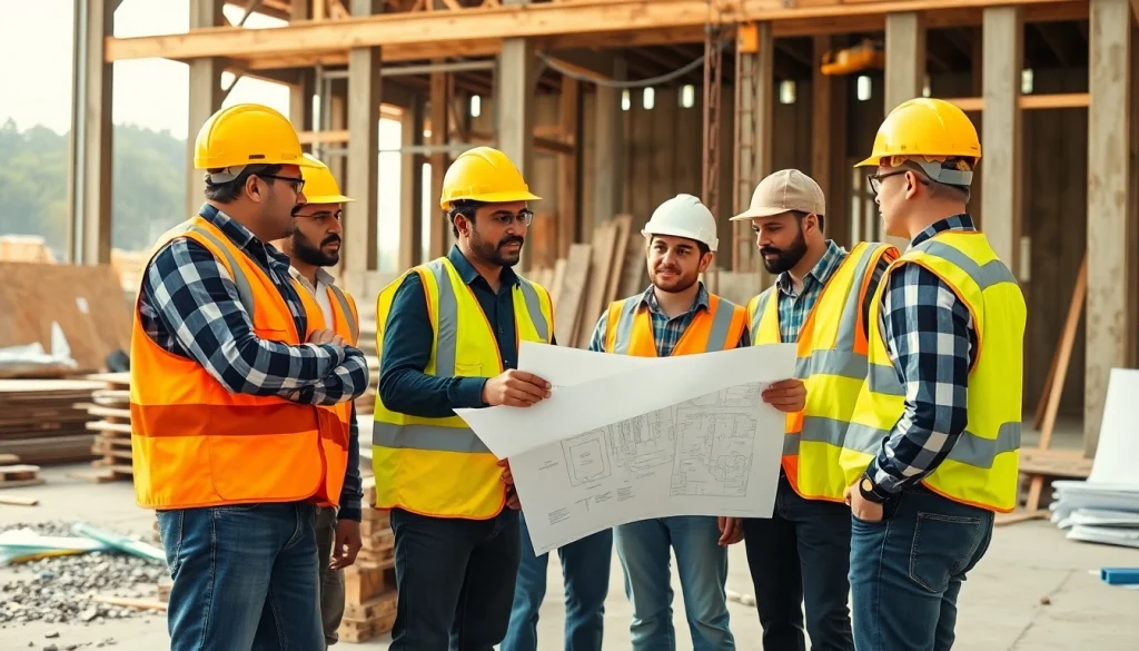 Construction workforce development collaboration among diverse professionals in a bright work environment.