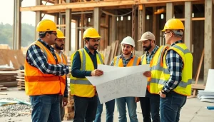 Construction workforce development collaboration among diverse professionals in a bright work environment.