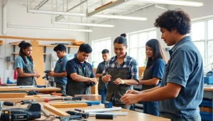 Students actively learning at hawaii trade schools in a bright workshop setting.