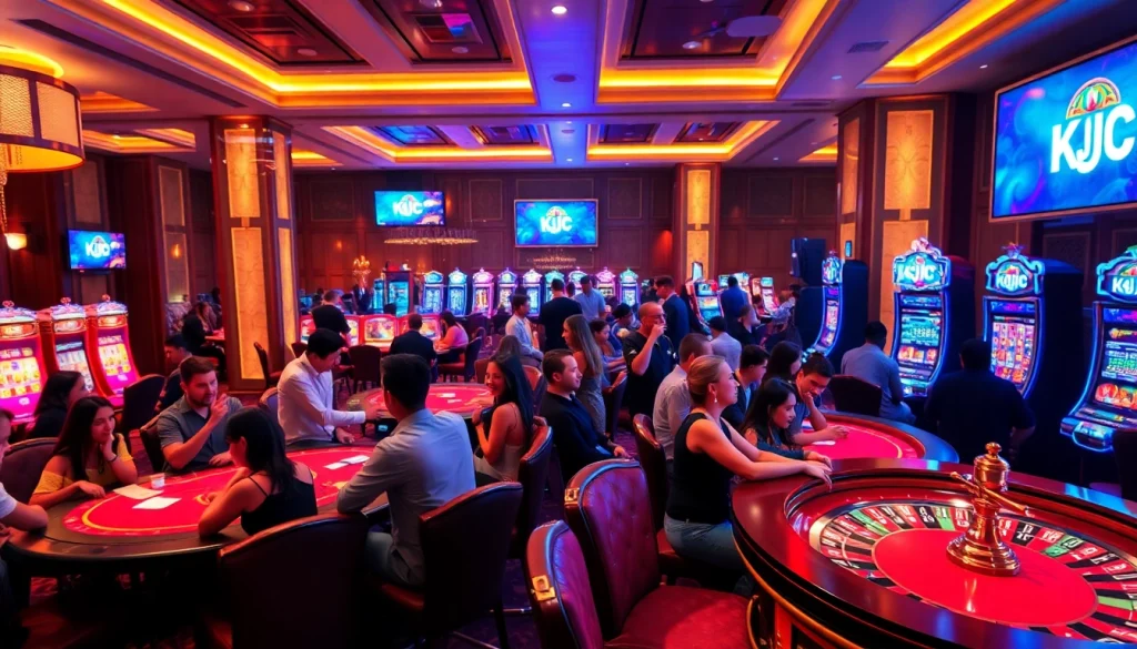 Gamblers enjoying an exciting game at a KJC branded casino featuring poker tables and slot machines.