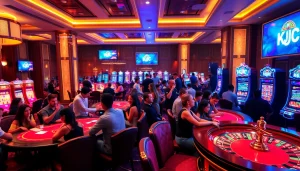 Gamblers enjoying an exciting game at a KJC branded casino featuring poker tables and slot machines.