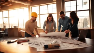 Builders discussing plans and blueprints for the Texas association of builders.