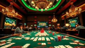 Players enjoying a lively game of link mahjong at an elegant casino table, surrounded by colorful components.