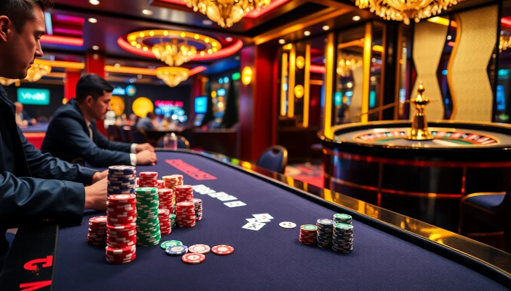 Vin88 poker game scene with vibrant tables, colorful chips, and dramatic lighting.