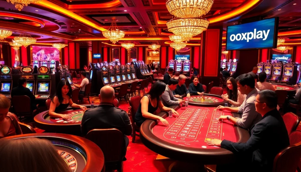 Engaging gamblers at a luxury casino with 'oxplay' branding and vibrant gaming action.