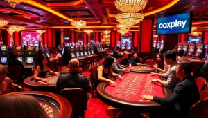Engaging gamblers at a luxury casino with 'oxplay' branding and vibrant gaming action.