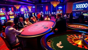 SODO casino atmosphere with vibrant gaming tables and excited players engaged in poker.