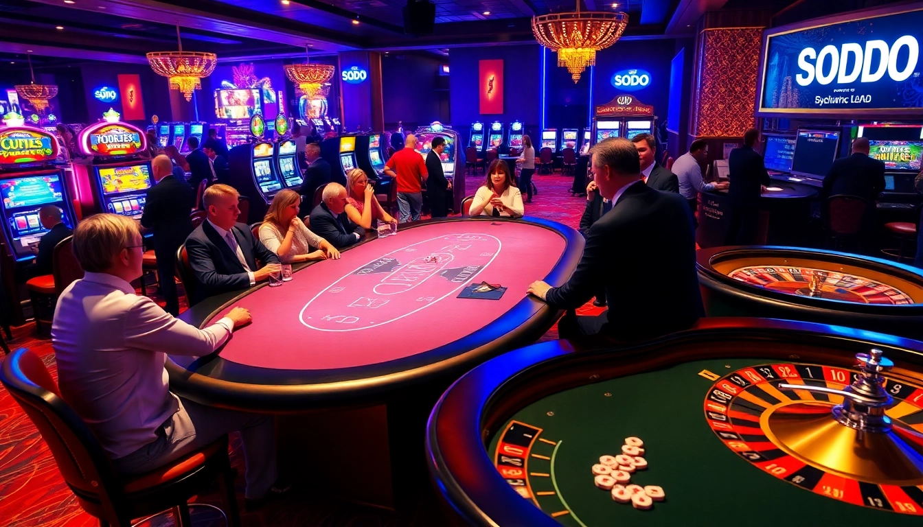 SODO casino atmosphere with vibrant gaming tables and excited players engaged in poker.