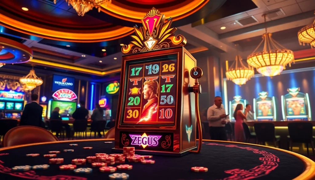 Spin the thrilling zeus slot machine amidst a vibrant casino atmosphere full of excitement.