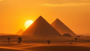 View of the impressive piraminds set against a vibrant sunset over a desert landscape.