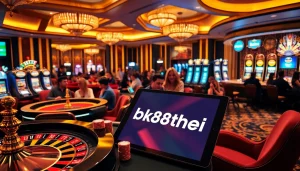 Experience the thrill of bk8thai ทางเข้า at a luxurious casino table with vibrant poker chips and engaging players.