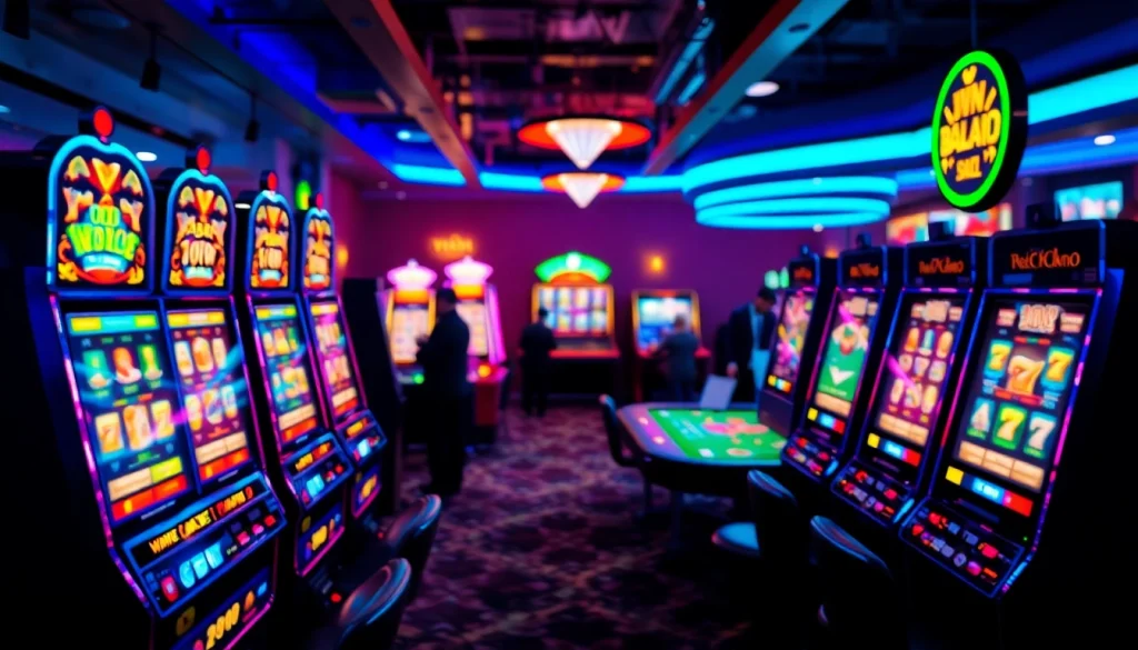 Menggambarkan permainan slot deposit 1000 dengan mesin slot dan suasana kasino yang meriah.