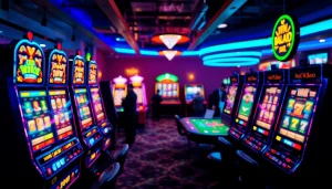 Menggambarkan permainan slot deposit 1000 dengan mesin slot dan suasana kasino yang meriah.