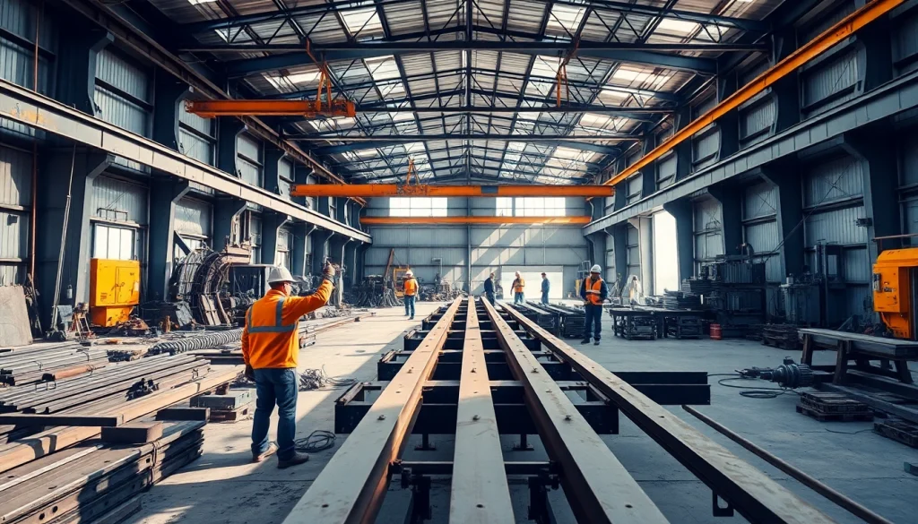 Workers in a steel fabrication shop crafting metal structures with precision.