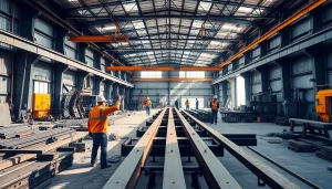 Workers in a steel fabrication shop crafting metal structures with precision.