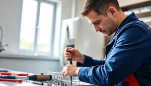 Technician conducting BOSCH dishwasher repair in a contemporary kitchen environment with tools.