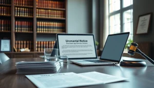 Showcasing automated legal notice generation on a professional desk, enhancing workflow efficiency.
