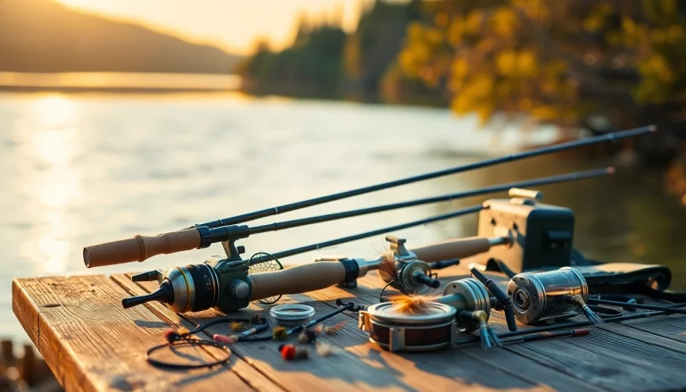 Showcase the best fly fishing rods on a wooden table with natural scenery.