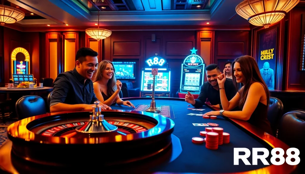 Engage in thrilling games at RR88’s glamorous casino, featuring poker tables and vibrant slot machines.