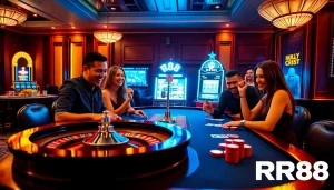 Engage in thrilling games at RR88’s glamorous casino, featuring poker tables and vibrant slot machines.