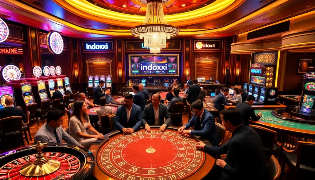 Players enjoying a dynamic casino scene with indoxxi-themed slot machines and blackjack tables, emphasizing excitement.