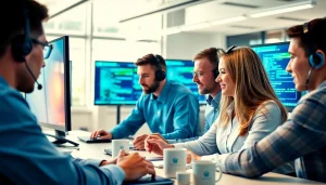 Engaged helpdesk support team troubleshooting technical issues in a modern office environment.