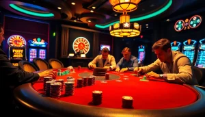 The hidden wiki reveals poker strategies while showcasing an elegant casino scene with players and chips.