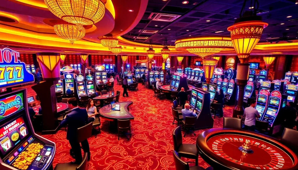 Experience the excitement of idn slot 777 with vibrant casino scenes filled with players and slot machines.