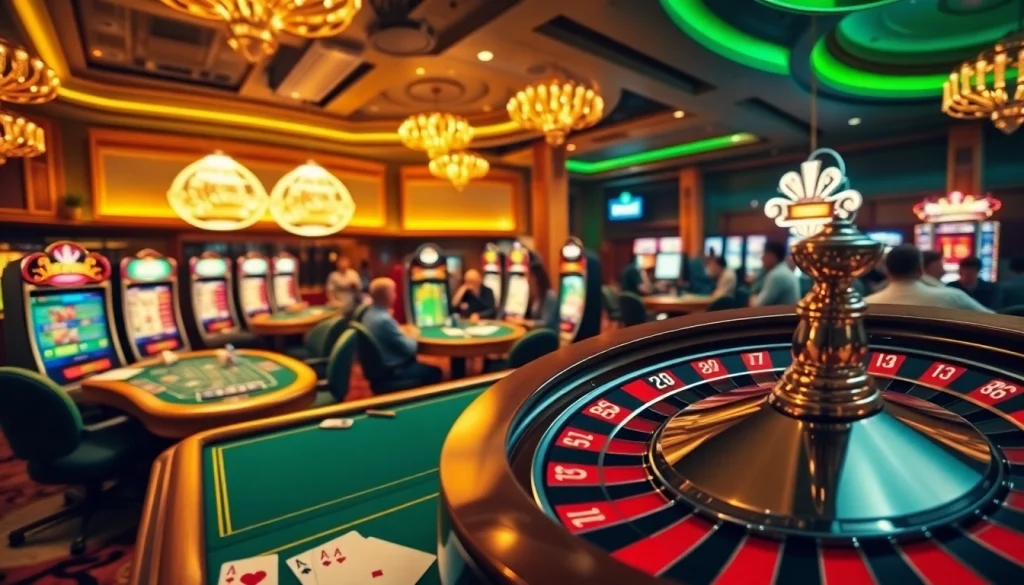 Tải app i9bet featuring a vibrant casino scene with poker, slots, and roulette.