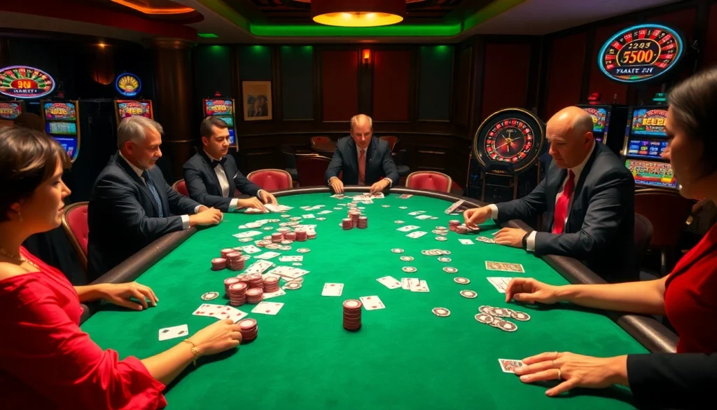 Engaged players at Thabet Casino's poker table, showcasing excitement with cards and chips.