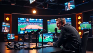 Engaging sports broadcasting studio scene showcasing a professional sports announcer delivering exciting commentary.