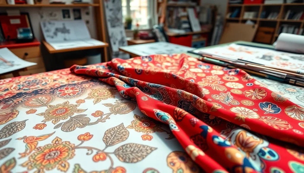 Ontdek tricot jersey bedrukt stoffen met kleurrijke ontwerpen in een creatieve werkomgeving.