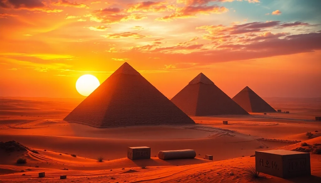 Capture the stunning pyramids in Egypt's desert glowing at sunset, illustrating the essence of piraminds.