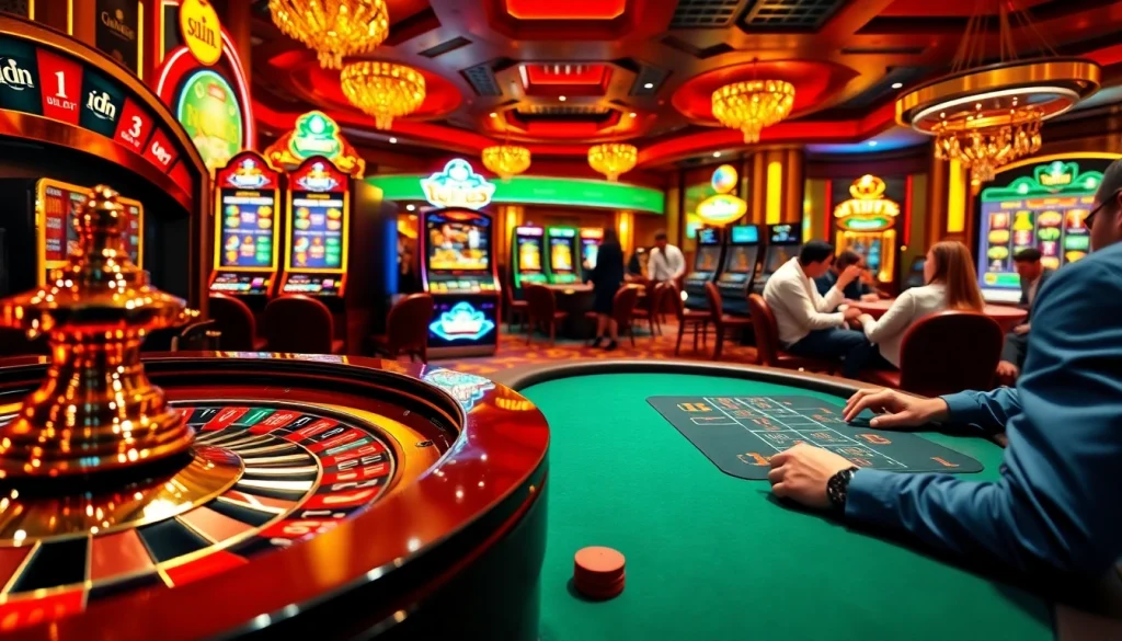Experience thrilling idn slot gaming action at an elegant casino with vibrant atmosphere and luxurious details.