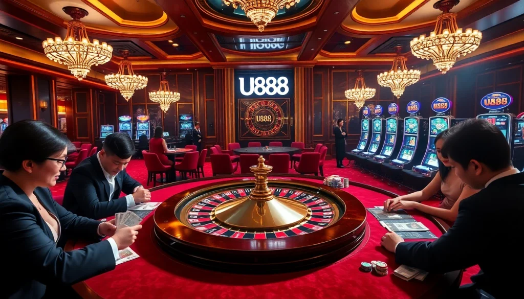 Experience high-stakes gaming at U888's luxurious casino, featuring roulette, poker chips, and glamorous players.
